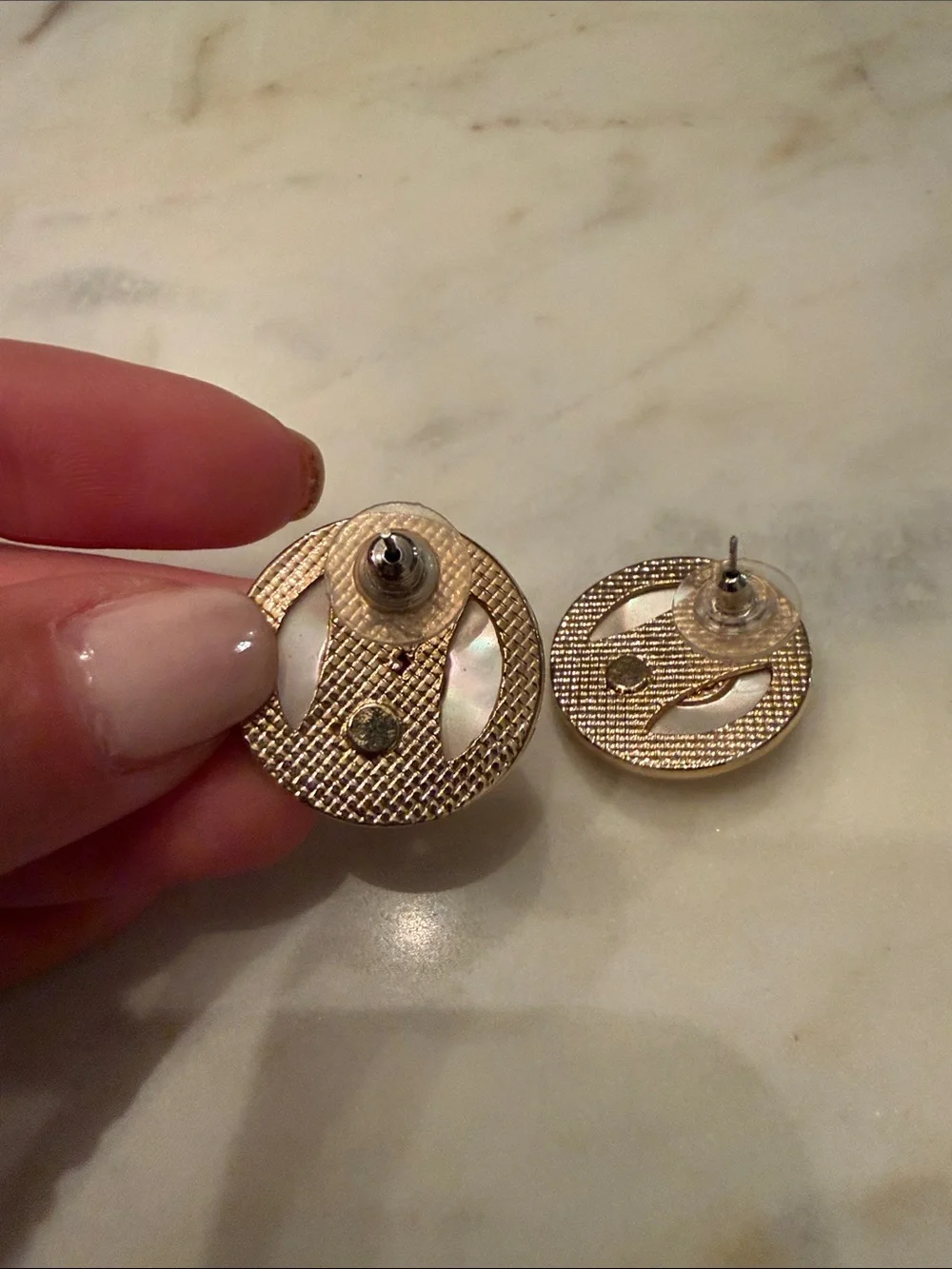 Gold-Tone Mother-of-Pearl Earrings with Red Center Vintage